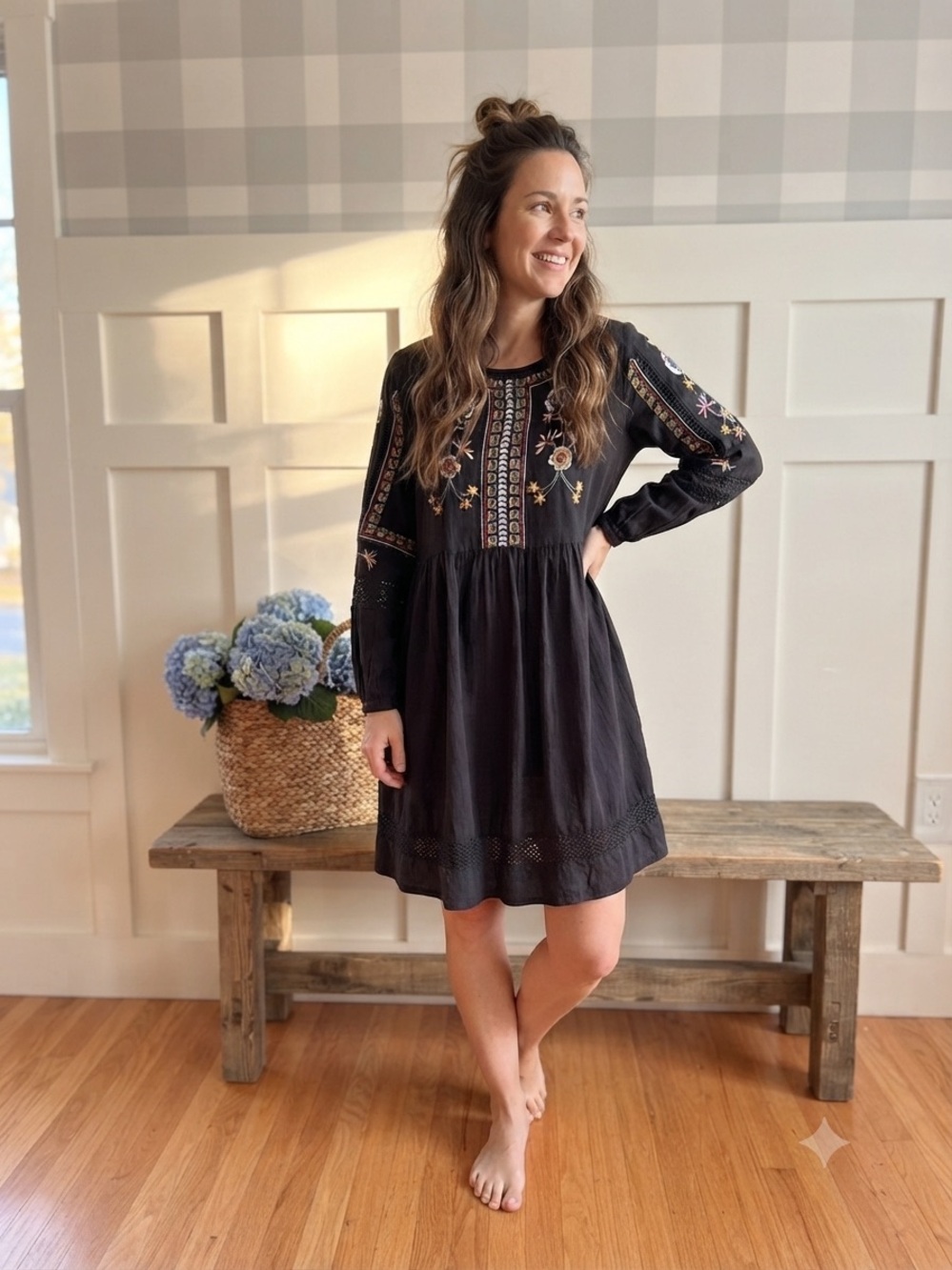 World Market Black Embroidered Long-Sleeve Mini Dress Large